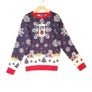 Miller Lite Men's Beer Ugly Christmas Blue Long Sleeve Pull Over Sweater Medium